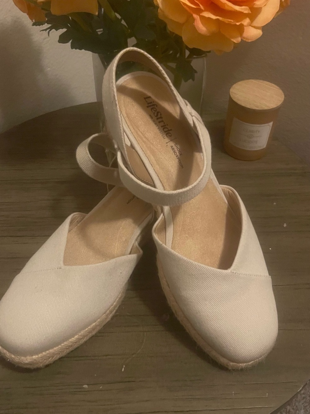 Life Stride Neutral Cream Espadrille Wedge Sandals with Ankle Strap